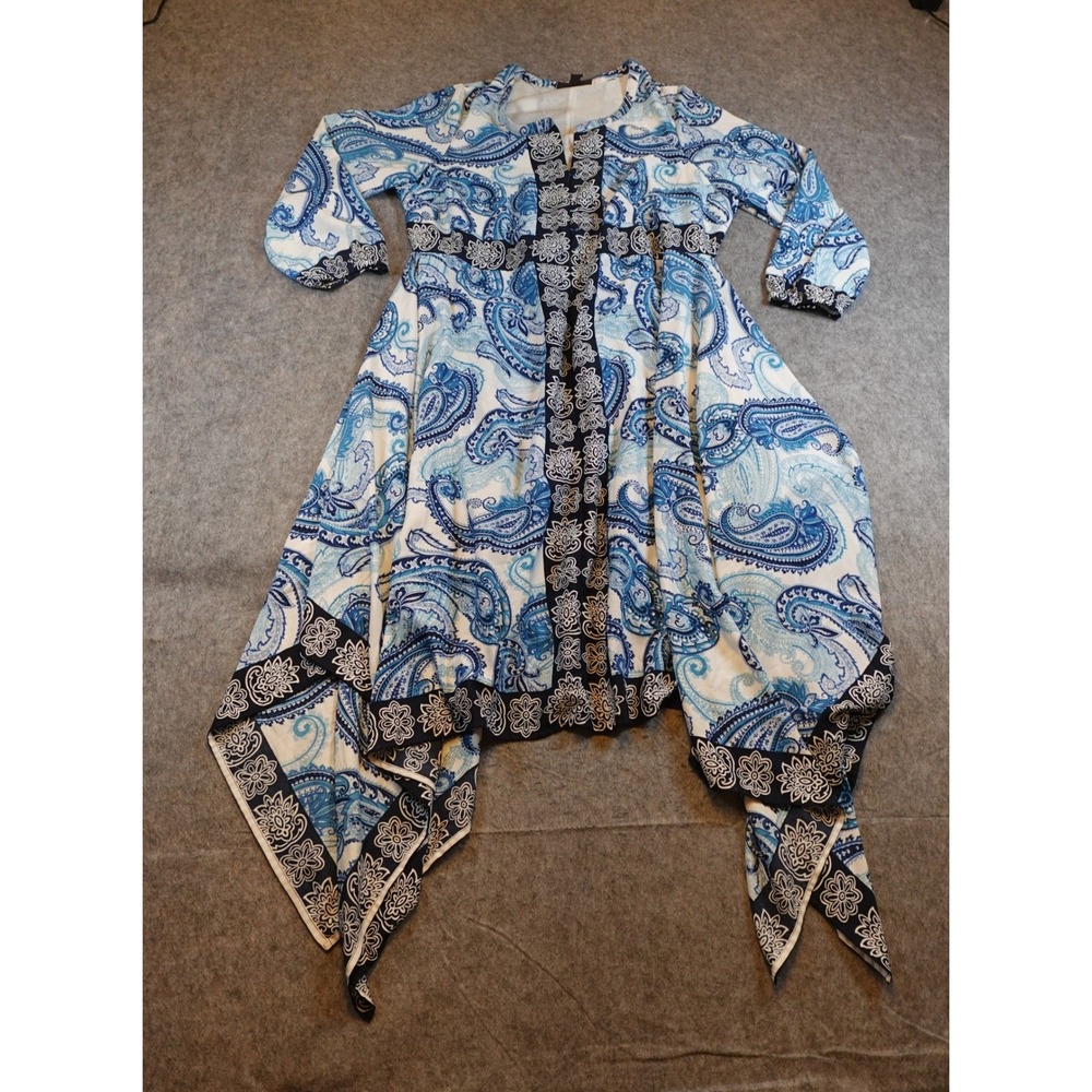 Roamans Dress Women 18W Blue Paisley Sharkbite Hem Long Sleeve Midi Pockets